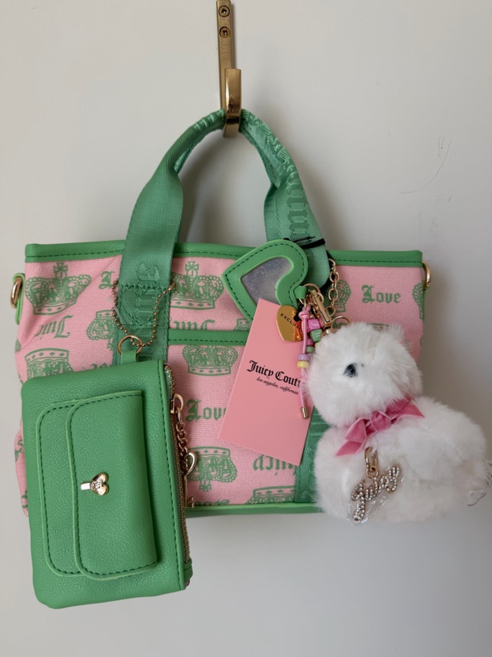 Viral Juicy Couture Pink & Green Logo mini Tote with Green Wallet Charms